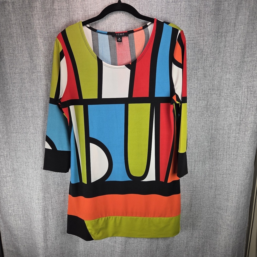 Venue Womens Colorblock 3/4 Sleeve Tunic Blouse Medium Pullover Festival Retro